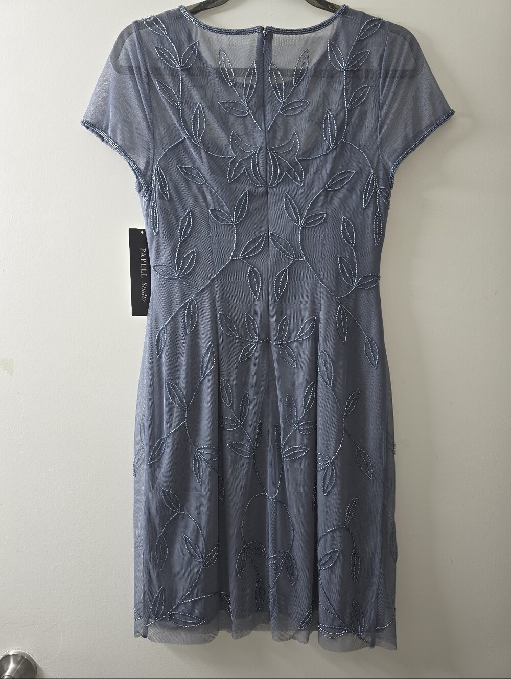 NWT Von Maur Papell Studio Sheer Overlay Short Beaded Dress Dusty Blue 6 - Picture 3 of 7